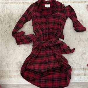 R-13 Red Plaid Button-Front Shirt Dress with Tie Waist